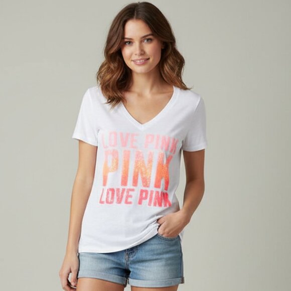 Pink Victoria’s Secret Sequin Letter T-shirt Short sleeve Y2K 2000s White XS - Picture 1 of 12